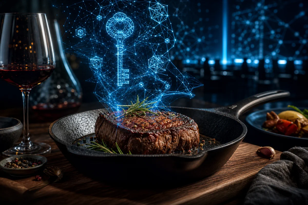 A Codex-generated editorial illustration combining a cast iron pan, a steak, and post-quantum cryptography motifs.