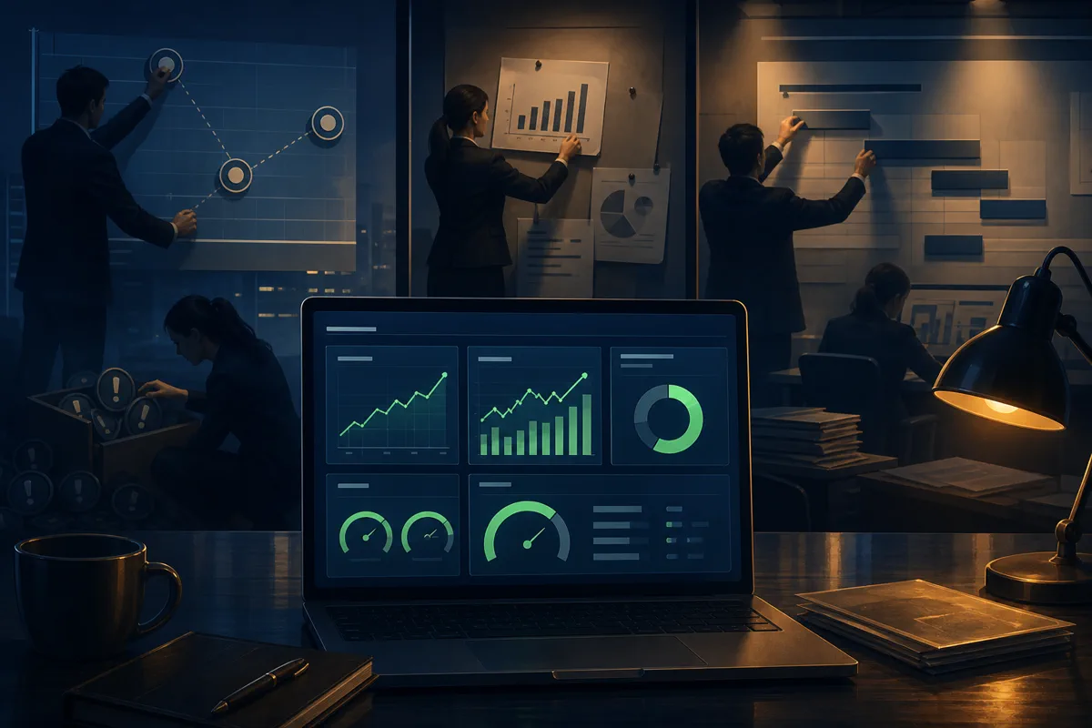 Editorial illustration of a KPI dashboard where polished indicators hide distorted work behind the numbers.